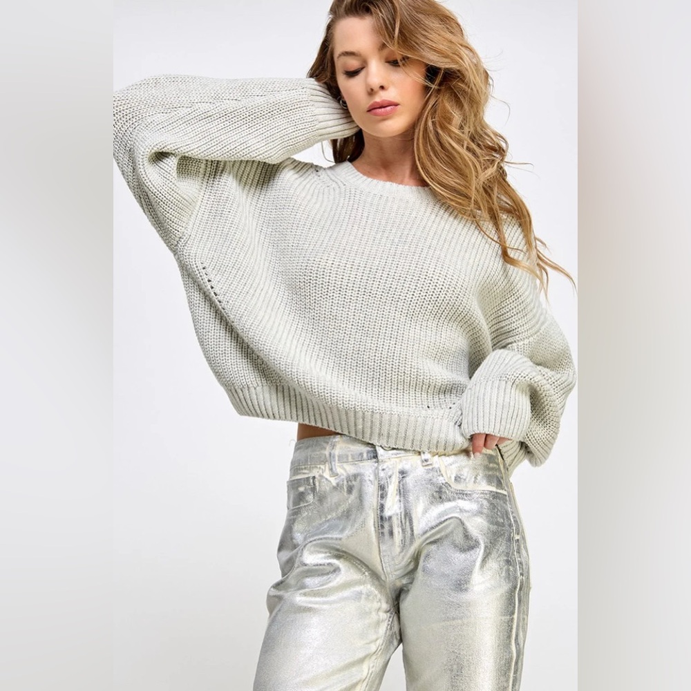 🩶NWOT Miss Love Oversized Crewneck Cable Knit Light Gray Sweater - Size Large